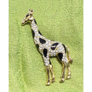 Vintage Giraffe Brooch Gold Tone Crystal Black White Enamel Animal Pin Scarf